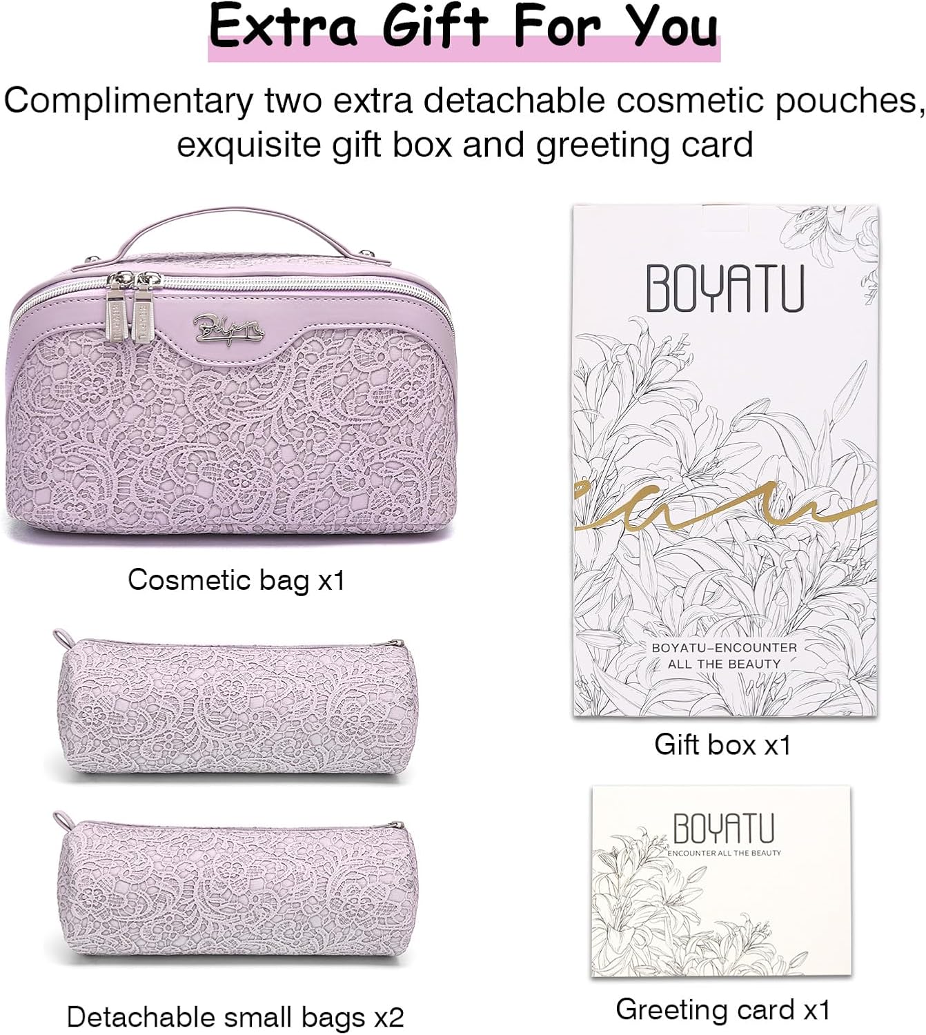 BOYATU Travel Makeup Bags for Women: Vegan Leather Cosmetic Bag Set of 3 - Large Capacity Make up Bag with Divider - Wide Open Waterproof Toiletry Organizer Bag with Handle (L12-Violet)