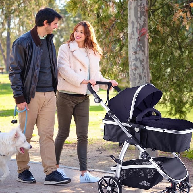 Baby Stroller, 2-in-1 Reversible Toddler Seat with Bassinet Mode, Foldable Infant Stroller with Canopy, One Button Brake, Adjustable Handle, Newborn Pushchair(Black)