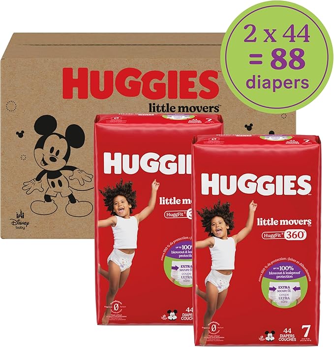 Huggies Size 7 Baby Diapers, Little Movers HuggFit 360° Baby Diapers with 360° Waistband, Size 7 (41+ lbs), 88 Count (2 Packs of 44), Packaging May Vary
