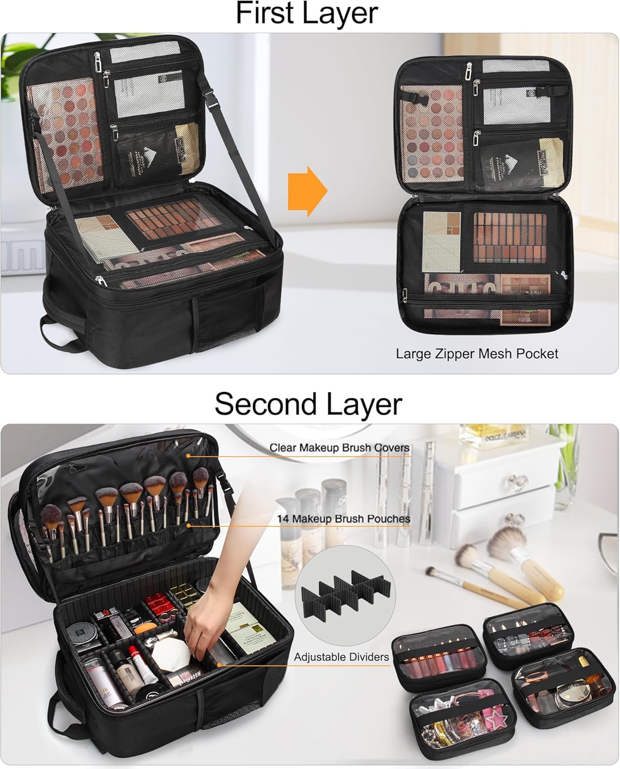 Makeup Backpack Extra Large Cosmetic Bags Professional Makeup Artist Bag Travel Train Case Storage Organizer Double-Layer Cosmetic Case with 4 Pouch and Brush Organizer