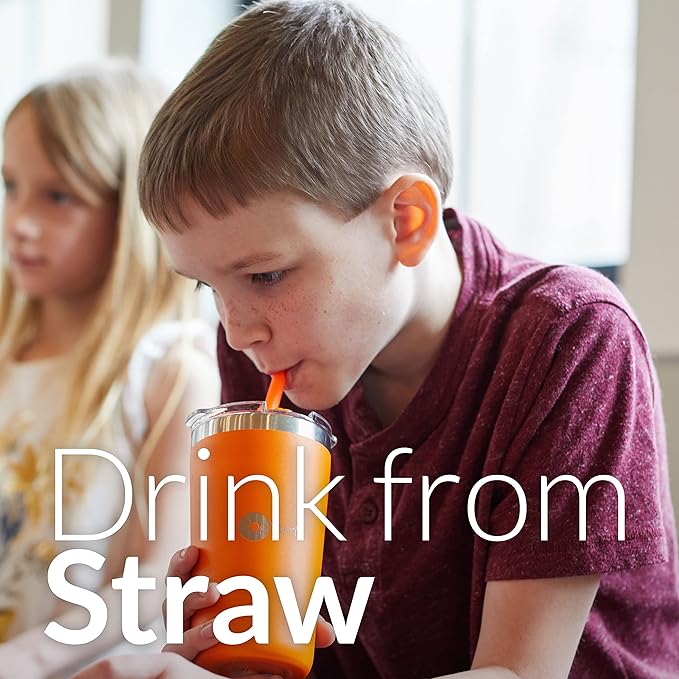 PopYum 13oz Insulated Stainless Steel Kids’ Cups with Lid and Straw, 2-Pack, Orange, Blue, stackable, sippy, baby, child, toddler, tumbler, double wall, vacuum, leak proof