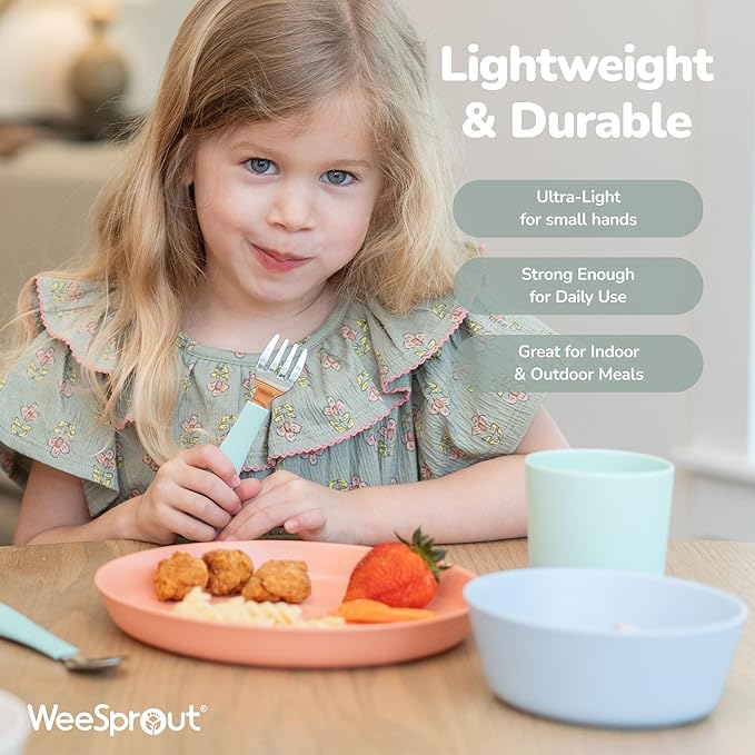 WeeSprout Bamboo Plates, Set of 4, Kid-Sized Dinnerware, Dishwasher Safe Melamine Dishware (Blue, Yellow, Orange, & Red, Without Lids)