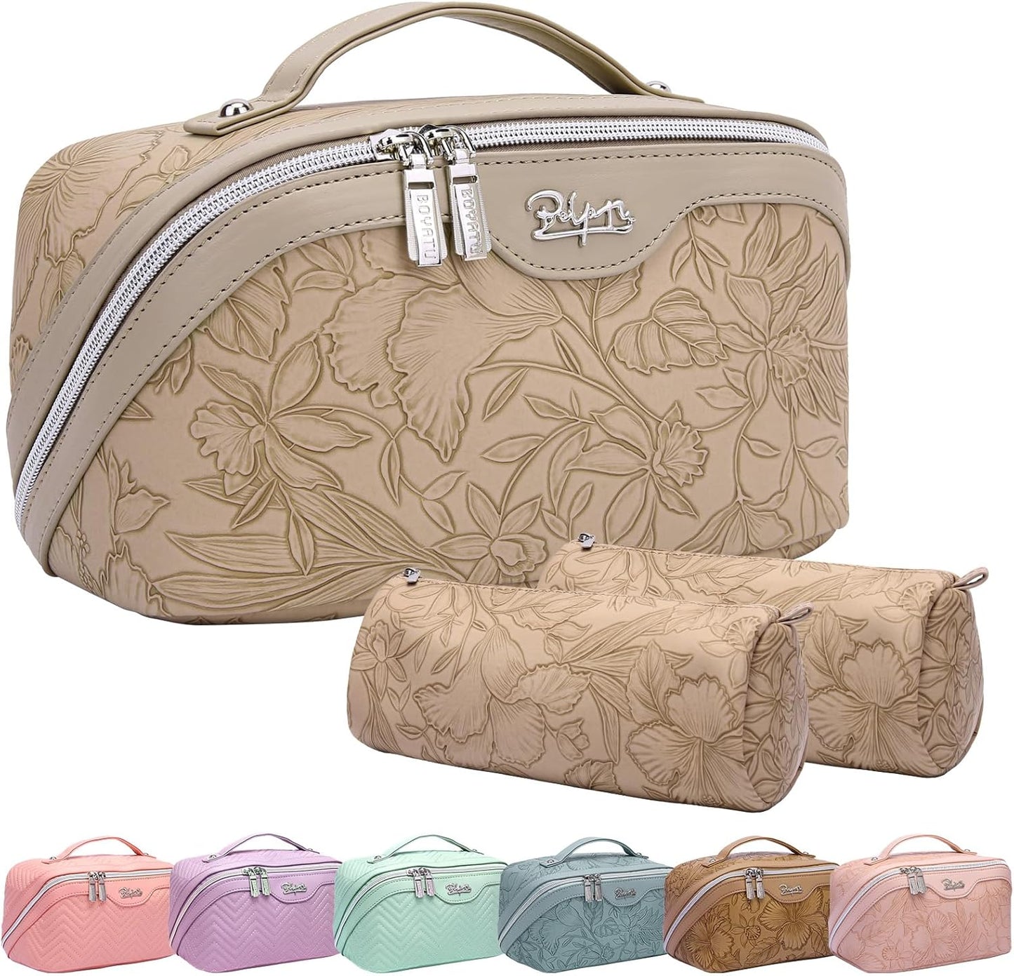 BOYATU Travel Makeup Bags Cosmetic Organizer Bag: 3-Set Large Capacity Make up Bag - PU Leather Toiletry Bags for Women - Wide Open Portable Pouch with Divider & Handle (02-Light Brown)