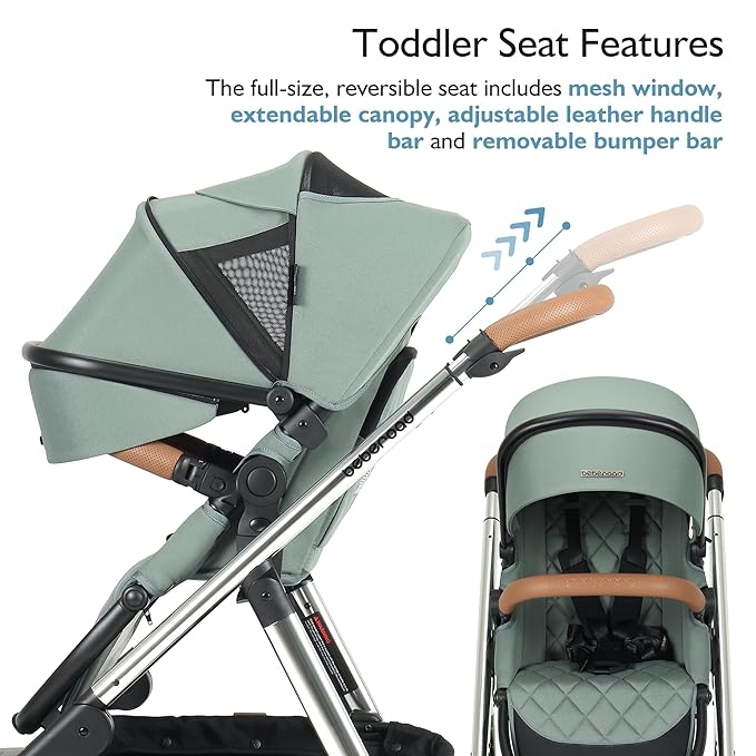 Beberoad Love RX 3-in-1 Baby Stroller with Bassinet, Toddler Strollers, Foldable Newborn Infant Stroller with Organizer, Rain Cover, Sunshade & Mosquito 2 in 1 Cover, Large Storage Basket（Green）