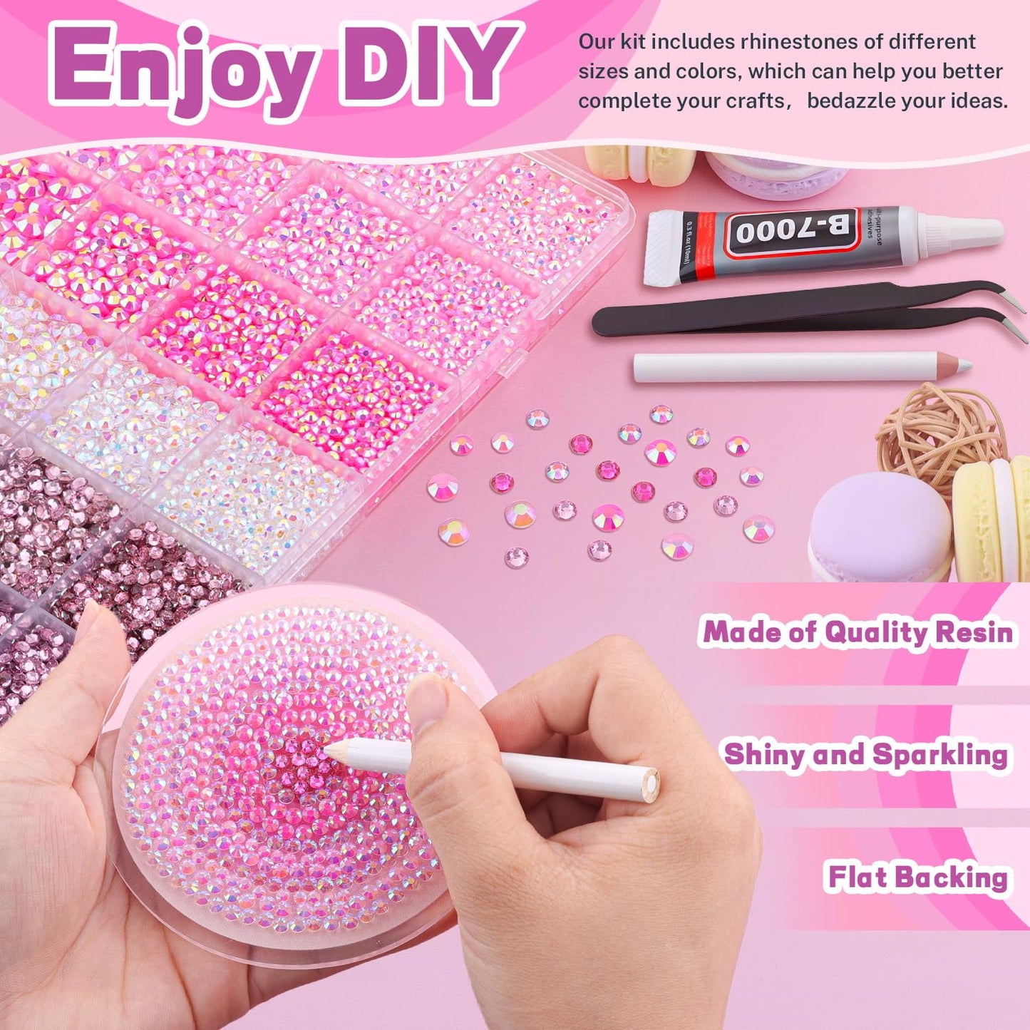 20000Pcs Pink Rhinestones for Bedazzling with 3Pcs B7000 Jewelry Glue, Resin Rhinestones for Crafting Crafts，Bedazzler Kit Flatback Gems for Clothing Shoes Tumblers Nail Art
