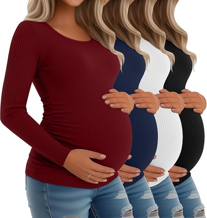 Riyiper 4 Pack Women's Maternity Shirts, Long Sleeve Cotton Ribbed Pregnancy Tee Top Crewneck Side Ruched Casual Mama Clothes