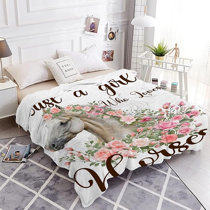 Just A Girl Who Loves Horses Blanket for Boys Girls, Flowers Animals Kids Throw Blanket Gift for Child, Fluffy Cozy Soft Lightweight Blankets for Bed Office, 40x50 Inches