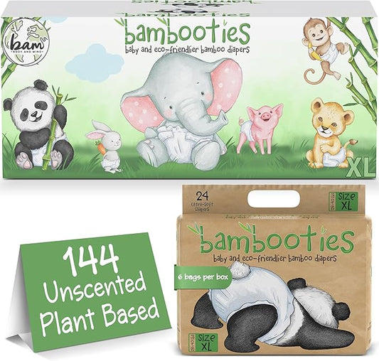 Bamboo Baby Diapers, Totally Chlorine Free for Sensitive Skin for Newborns to XXL. Hypoallergenic & Non Toxic Eco Friendlier Plant-Based Materials. TCF XL Size 5 Diapers (144 ct)