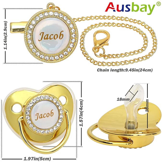 Personalized Pacifier Set with Name, BPA Free, Bling Gold Silver Pink Rose Gold Luxurious Ideal Gift for Newborns (Silvery)