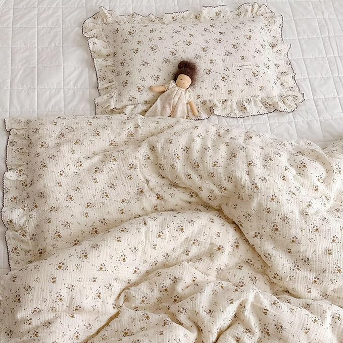 BuLuTu Cotton Muslin Pillow Case King Pillowcase Sweet Floral Design Pillowcases Enveloped Closure Vintage Ruffled Pillow Cover for Teens Adults, 20x36 inch, 1 Piece, Crapemyrtle