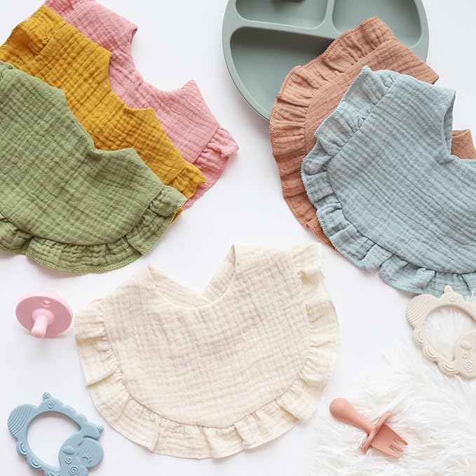 Muslin Baby Bibs - Soft 100% Cotton Drool Bandana Bibs for Baby Girls, 8 Solid Colors Set