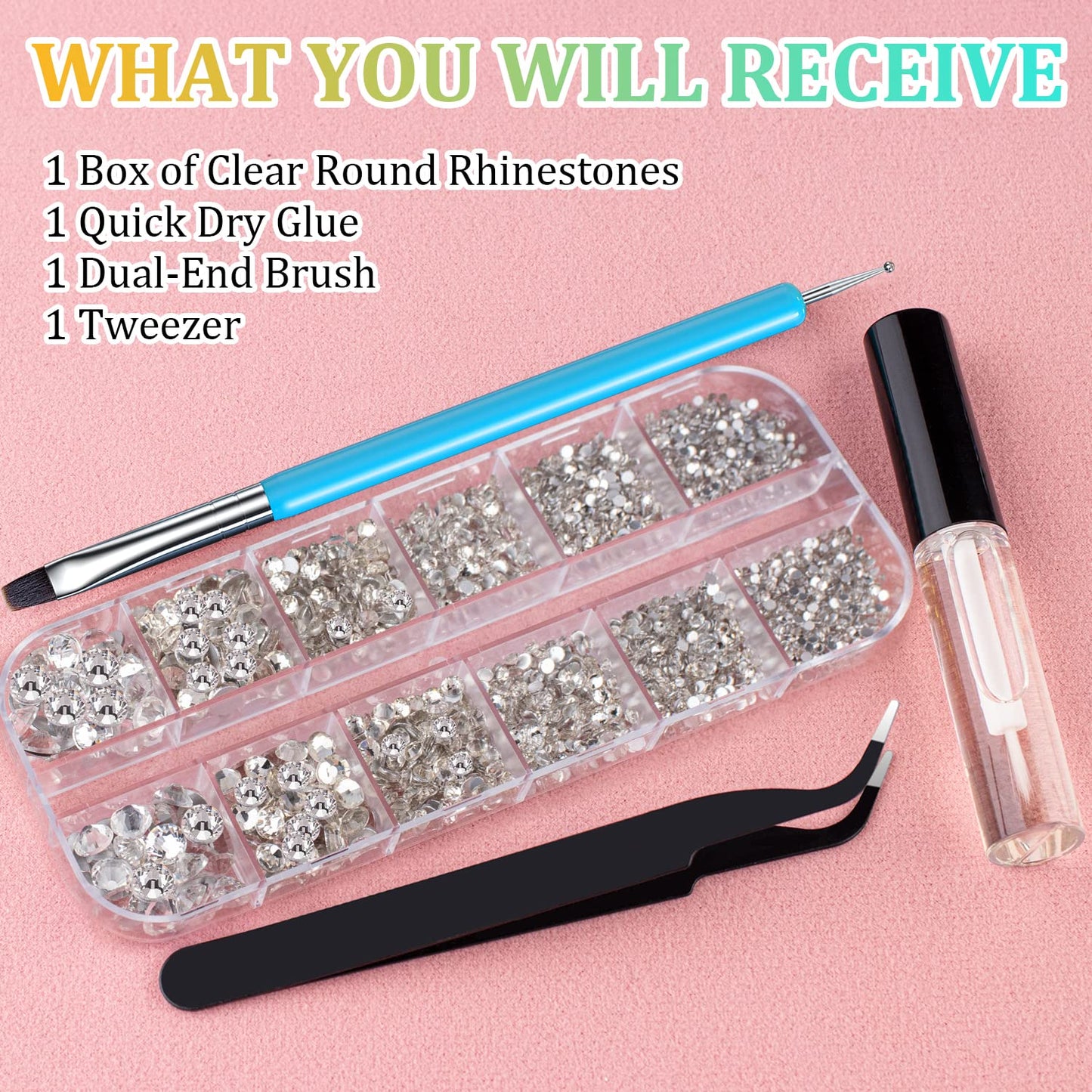 1.5-6mm Round Flatback Face Gems Kit (Clear) for Makeup with Quick Dry Glue + Brush + Tweezer, Nail Art Rhinestones Transparent White Glass Crystal Beads for Make-up Deco