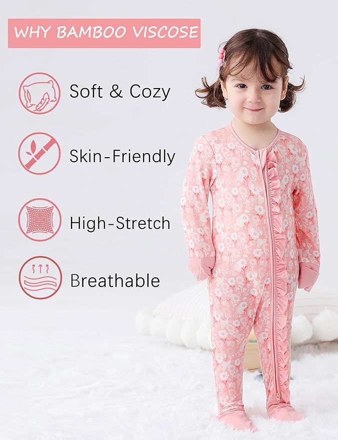 JunNeng Baby Girl Viscose from Bamboo Sleeper with Mitten Cuffs, 2 Way Zipper Romper, Sleep N' Play Pajamas 0-18 Months