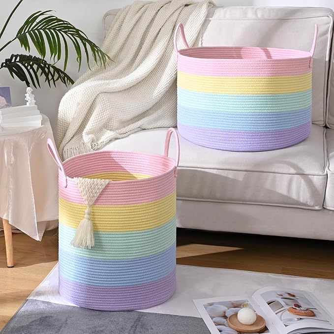 52L Rainbow Storage Basket for Organizing, 15"×18" Large Tall Laundry Baskets, Cotton Rope Woven Blanket Basket, Toy Storage for Kids, Collapsible Laundry Hamper for Living Room, Nursery Room