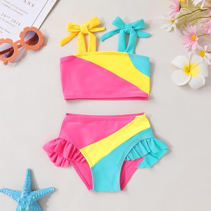 YOUNGER TREE Toddler Girls Two Pieces Swimsuit Color Block Stripe Swimwear Summer Beach Bathing Suit 18M-5T