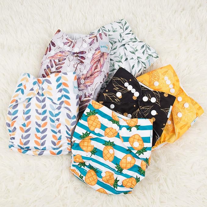 Babygoal Reusable Neutral Cloth Diapers 6 Pack with 10pcs Inserts, One Size Adjustable Washable Pocket Nappy Covers for Baby Boys and Girls 6FN06