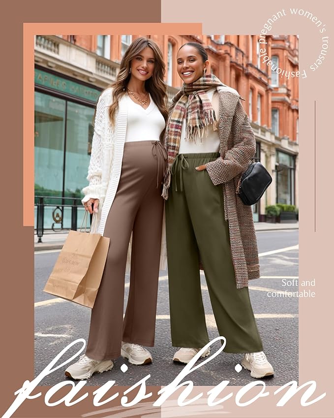 3 Pack Maternity Pants for Women Over The Belly Lounge Work Pregnancy Pants Drawing Wide Leg Trousers with Pockets