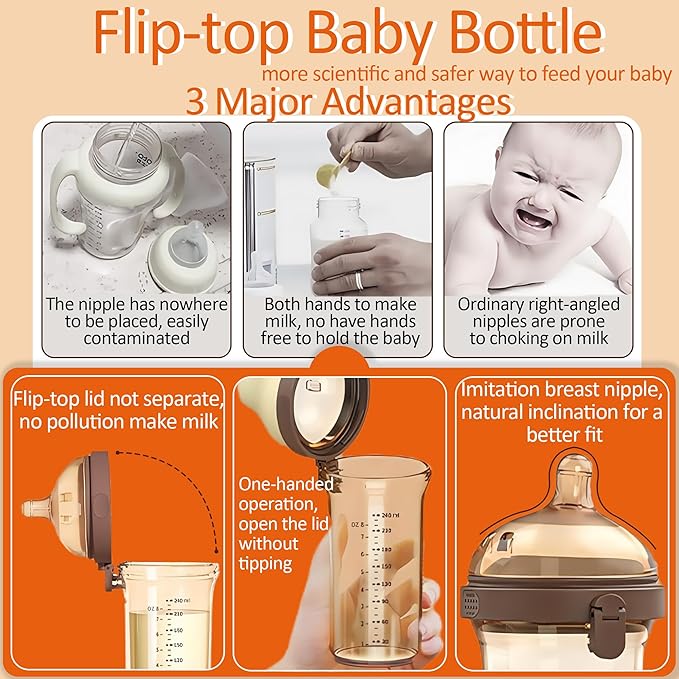 PPSU Baby Bottle, Bottles for Breastfed Babies with Handles and Straw, Flip-top Anti-Colic Baby Bottles 8oz/240mL 10+ Months
