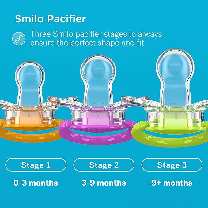 Smilo Baby Pacifier with Orthodontic Design for Healthy Dental Development - Stage 3 for Babies 9+ Months - Pack of 3X 100% Silicone Pacifiers BPA Free - Glow-in-The-Dark