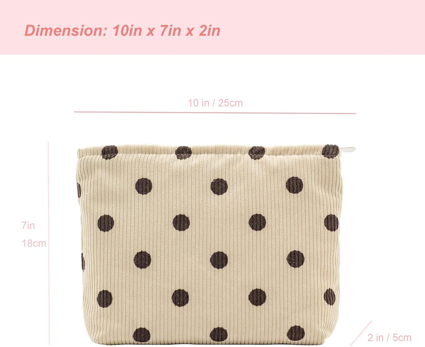 PAZIMIIK Makeup Bag Large Zipper Corduroy Make Up Pouch for Purse Travel Canvas Cosmetic Organizer for Women Brush Storage,Polka Dot Beige
