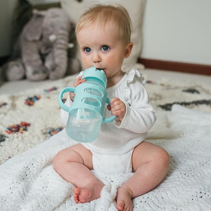 Dr. Brown's Milestones Wide-Neck Sippy Straw Bottle with 100% Silicone Handles and Weighted Straw, 9 oz/270 mL, Gray & Green, 6m+