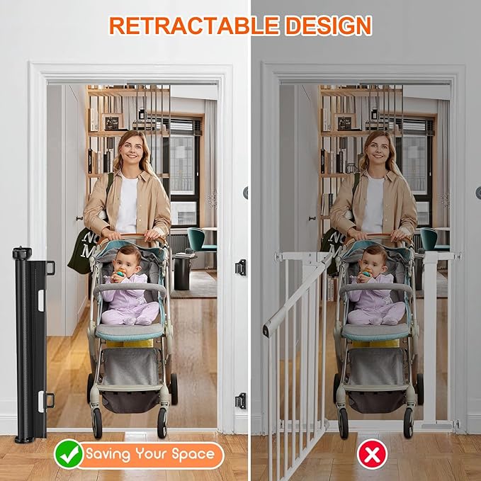 71 inch Retractable Baby Gates, EZIGO Extra Wide Baby Gate for Large Opening Extra Long Mesh Gate for Kids or Pet Dog Gate Child Safety Gate for Stairs Hallways Doorway Indoor Outdoor, Black