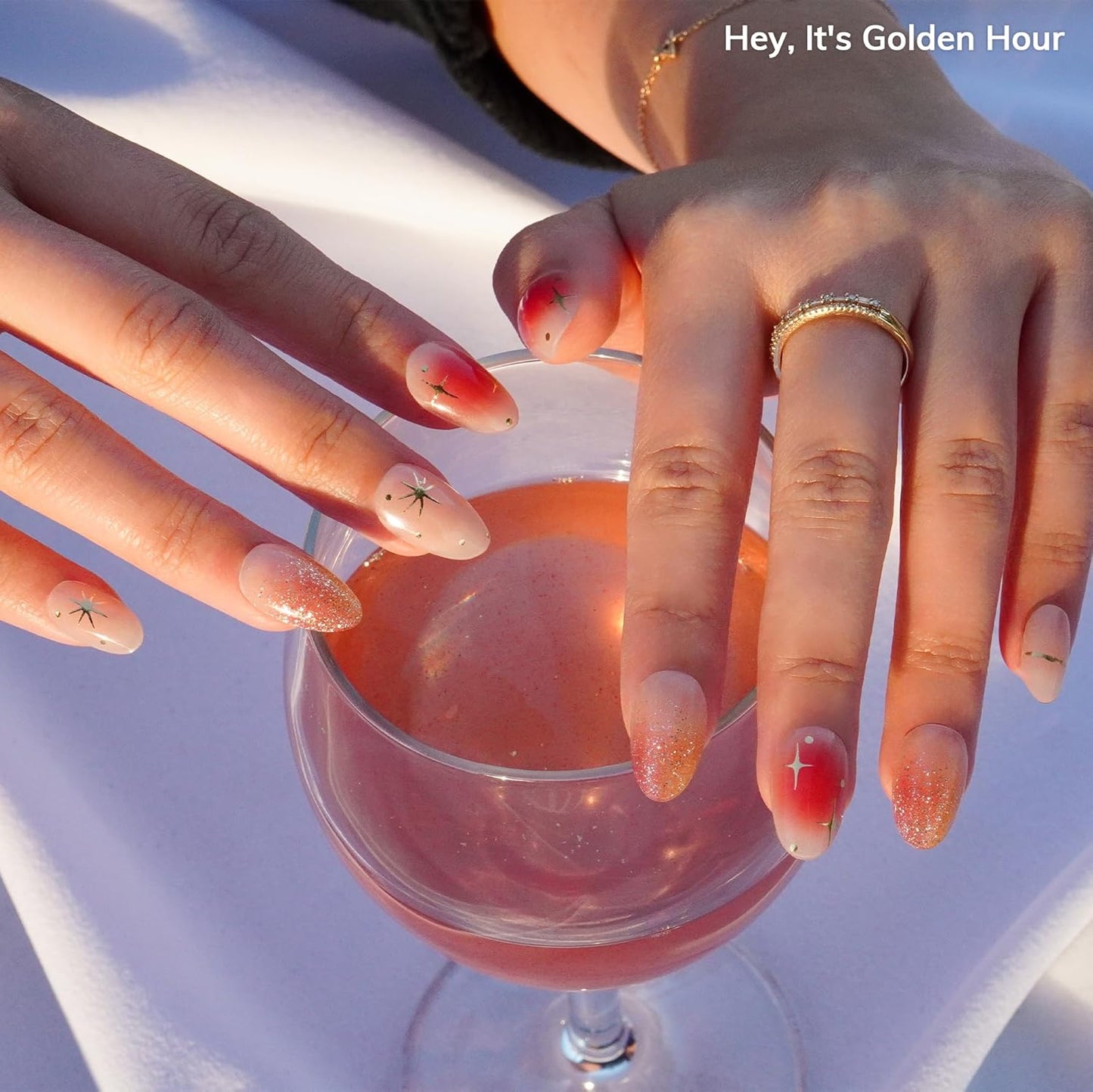 Semi Cured Gel Nail Strips | No LED Lamp Needed | Ombre, Gold, Spring | Easy Apply & Remove, Salon Quality | Includes 28 Strips, 1 Prep Pads, Nail File & Wooden Stick - Hey, It's Golden Hour