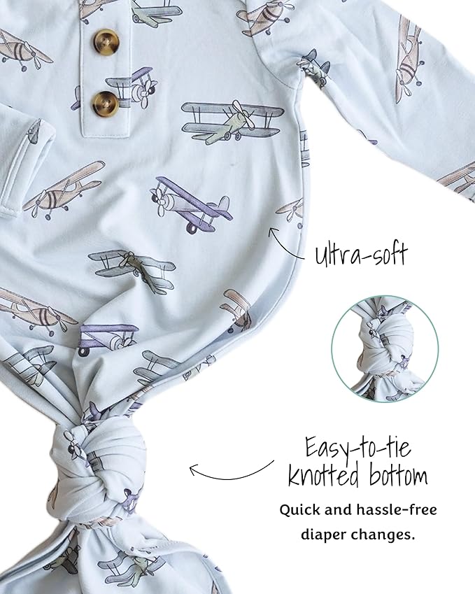 Caden Lane Newborn Knotted Gown with Hat, Soft Bamboo Viscose Baby Sleep Sack, Unisex Infant Nightgown, Breathable Sleepwear