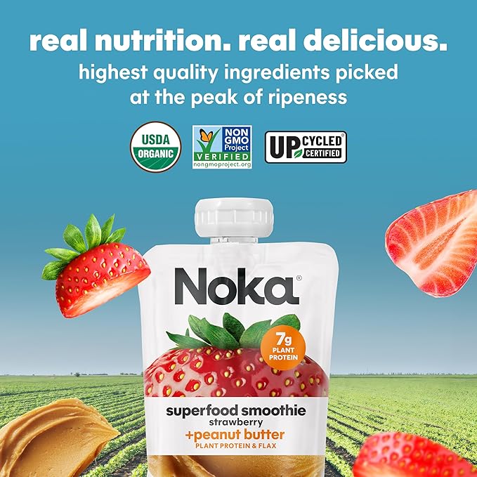 Noka Superfood Fruit & Nut Butter Smoothie Pouches, Healthy Snacks (Strawberry Peanut Butter) 6 Pack, Vegan, Plant Protein, Gluten-Free, Organic, Meal Replacement Squeeze Packs, 4.22oz Ea