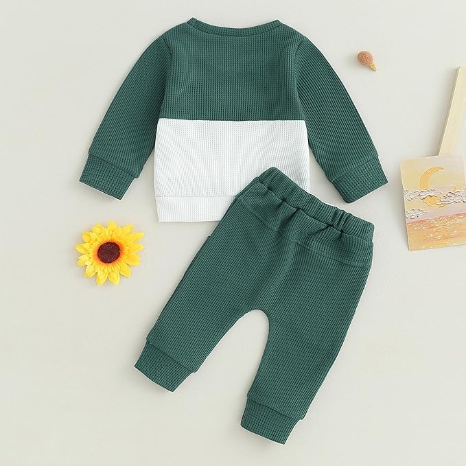 Toddler Baby Boy Fall Clothes Waffle Outfit Long Sleeve Color Blocking Sweatshirt Pullover Jogger Pant Set