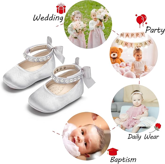 Baby Girls Mary Jane Flats - Infant Newborn Walking Shoes Soft Rubber Sole Princess Wedding