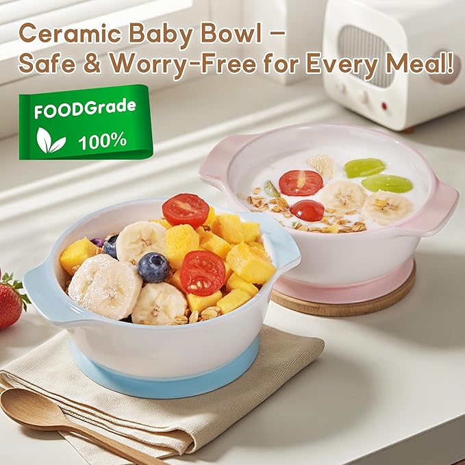 Ceramic Suction Bowl for Babies and Toddlers, Non-Slip Silicone Suction Cup, BPA-Free Lids, Independent feeding, First Stage Self Feeding Essential, Led Weaning Snack Feeder BLUE