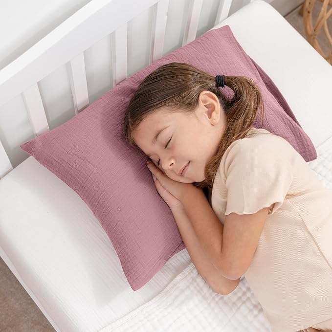 Comfy Cubs Toddler Pillow with Muslin Pillowcase, 13 x 18 in, 2 Pack - Travel and Sleep Support for Kids - Lightweight, Breathable Microfiber Fill - Soft and Cozy Small Pillow for Toddlers - Mauve