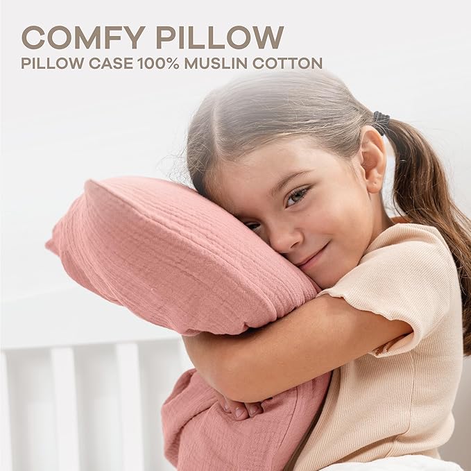 Comfy Cubs Toddler Pillow with Muslin Pillowcase, 13 x 18 in - Travel and Sleep Support for Kids - Lightweight, Breathable Microfiber Fill - Soft and Cozy Small Pillow for Toddlers - Blush