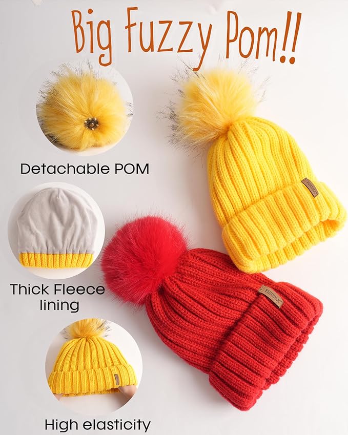 FURTALK Kids Winter Hat Toddler Knitted Beanie with Faux Fur Pom Poms for Baby Girls Boys