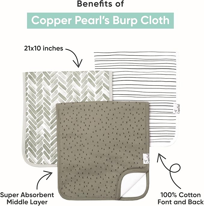 Copper Pearl Premium Baby Burp Cloths - 3-Pack Large Cotton Burp Cloths, Extra Soft Spit Up Rags with 3 Absorbent Layers, Perfect for Baby Boy and Baby Girl Gifts (21" x 10" Size, Bailey Set)