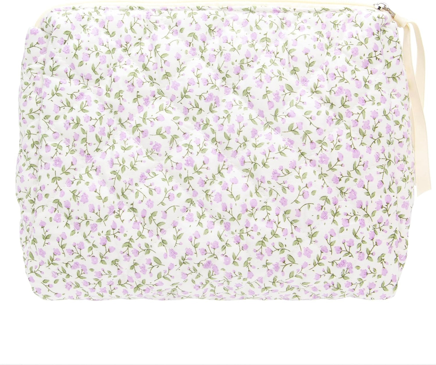 PAZIMIIK Quilted Makeup Bag Large Travel Zipper Soft Cosmetic Pouch for Women Girls Make Up,Floral Purple