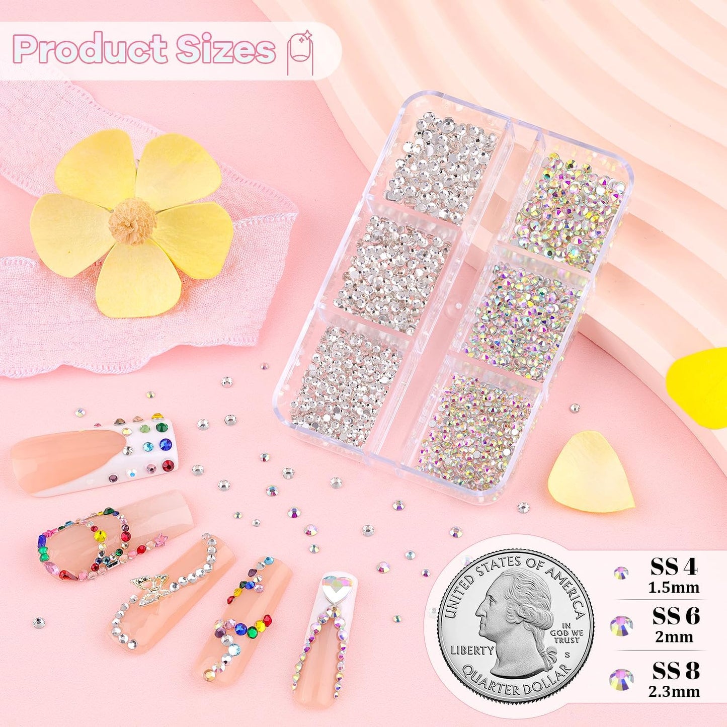 5400Pcs Glass Crystal Small Rhinestones for Nail Art with Nails Rhinestone Glue, AB Clear Multicolors Flatback Bedazzling Gems, Nail Rhinestones and Gems Crystals Charm for Acrylic Tips Manicure Decor