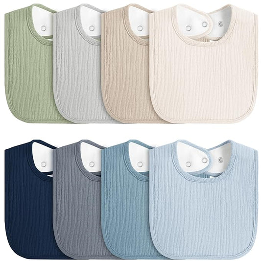 8-Pack Baby Muslin Bibs, Soft Cotton Drool Bibs for Boys Girls, Adjustable and Absorbent Newborn Bib Set for Feeding and Drooling