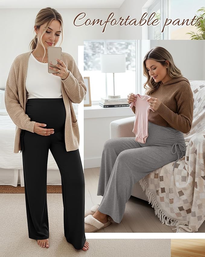 Neer 3 Pack Women's Maternity Pants Over The Belly Loose Pregnancy Pants Stretchy Lounge Wide Leg Trousers with Pockets