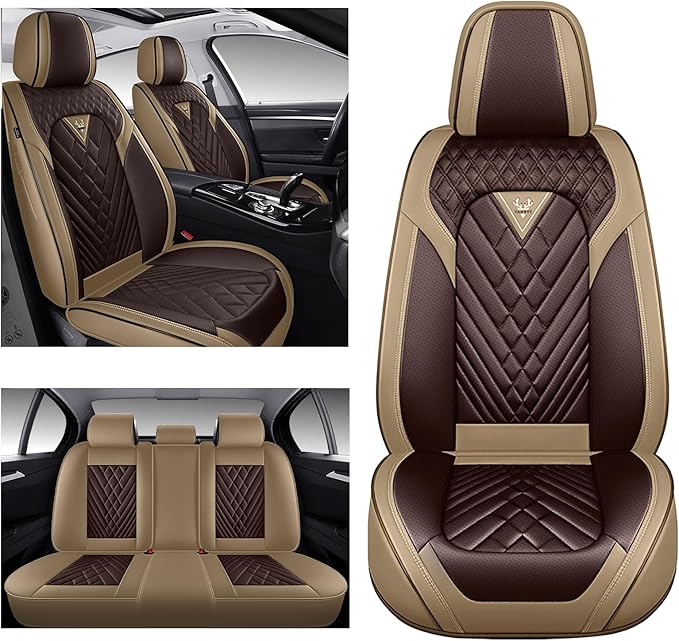 Car Seat Cover Full Set, Seat Cover for Cars, Car Seat Cover Car Seat Protector Waterproof Leather Car Seat Cushion Full Coverage Seat Cover Front and Back Seat Fit for Most Cars(5 Seat,Brown&Beige)