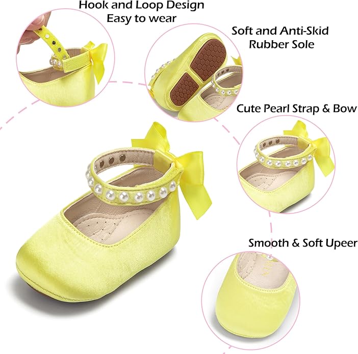 Baby Girls Mary Jane Flats - Infant Newborn Walking Shoes Soft Rubber Sole Princess Wedding