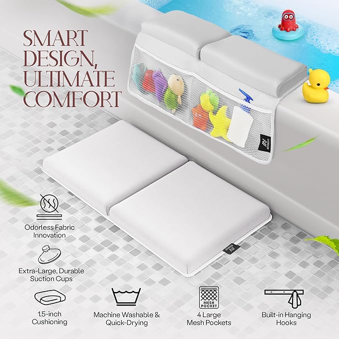 Baby Bath Kneeler & Elbow Rest Pad – Extra Thick Foam Pads for Comfort | Non-Slip, Machine Washable with Mesh Pockets & Suction Cups | Bonus Baby Brush & Washcloth – Thoughtful Gift for New Parents
