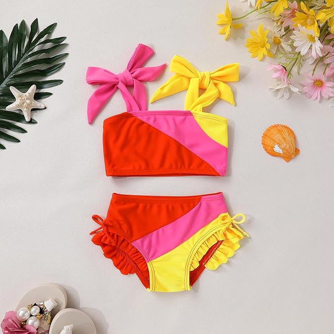 Toddler Swimsuit Girl Color Block Stripe Swimwear Baby Girl Summer Beach Bathing Suits Bikini Set with Ruffled Edges