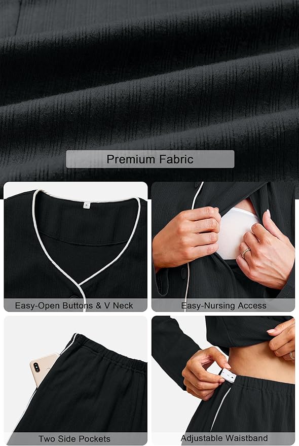 OUGES 100% Cotton Women's Maternity Nursing Pajamas Sets Button Down Breastfeeding Loungewear Top & Pants with Pockets