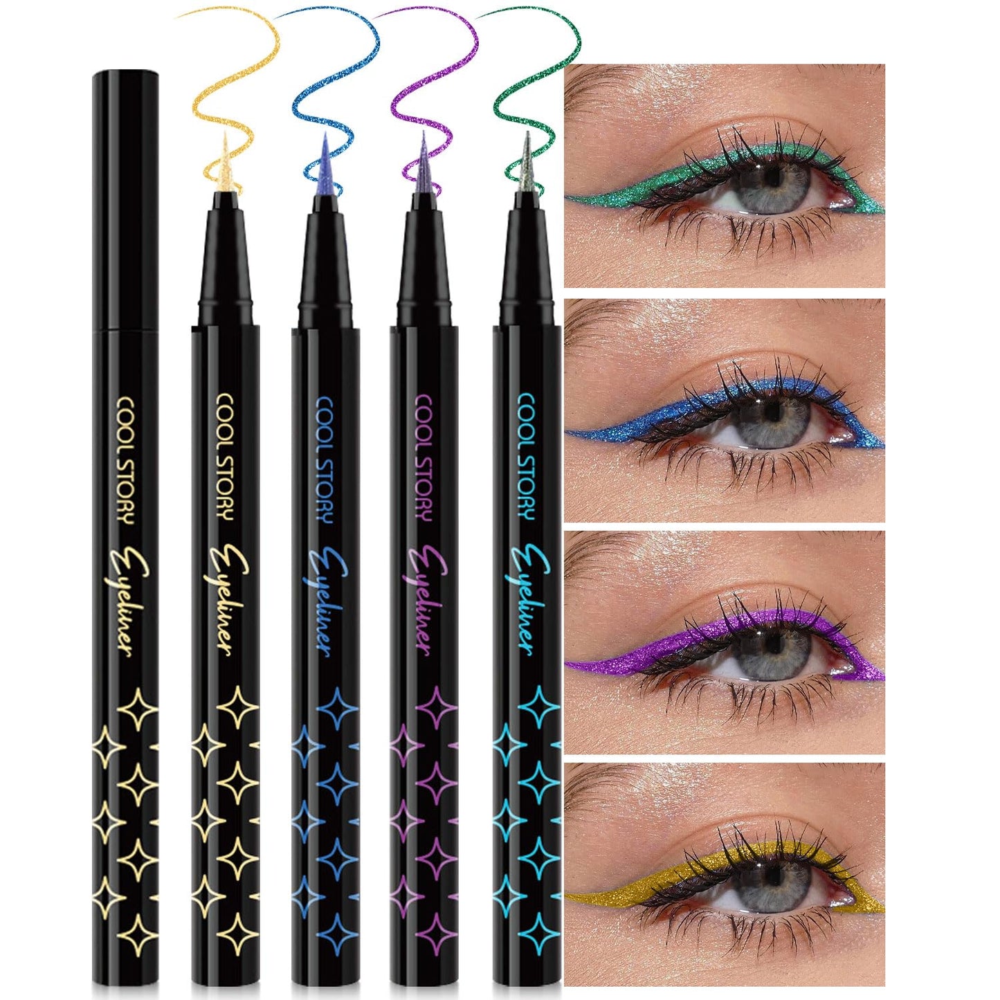 4Pcs Glitter Colored Liquid Eyeliner & Eyeshaow, Shimmer Liquid Eyeliner & Eyeshaow Makeup Set, Purple Blue Gold Green Face Body Glitter Makeup Sparkling Eye shaow Pen