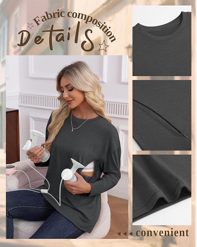 3 Pack Women's Nursing Breastfeeding Tops, Long Sleeve Maternity Shirts Oversize Hidden Zipper Pregnancy Clothes
