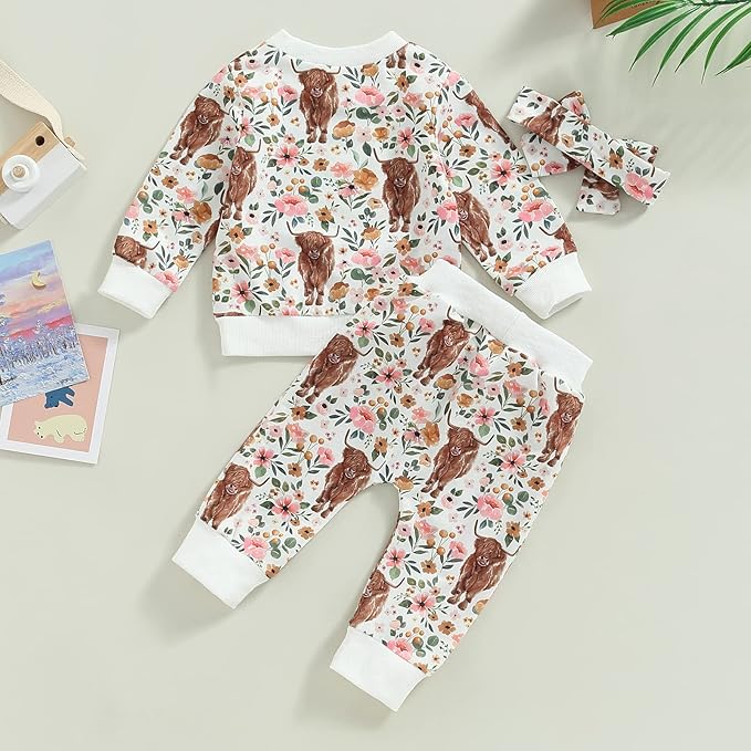 3Pcs Baby Girl Outfits Daisy Sweatshirt + Pants + Headband Infant Fall Winter Clothes