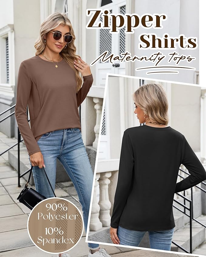 4 Pack Women's Nursing Breastfeeding Tops, Long Sleeve Maternity Shirts Loose Fit Hidden Zipper Pregnancy Clothes