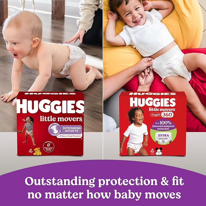 Huggies Size 5 Baby Diapers, Little Movers HuggFit 360° Baby Diapers with 360° Waistband, Size 5 (27+ lbs), 56 Count, Packaging May Vary
